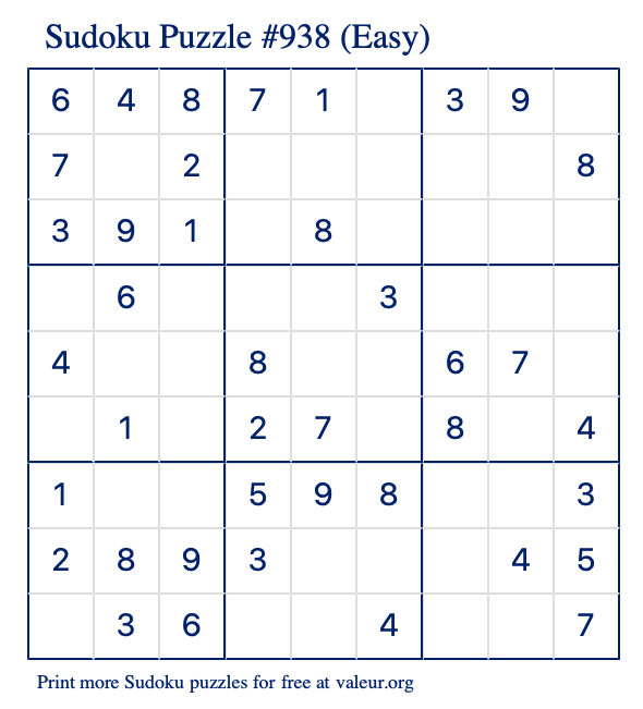 Free Printable Easy Sudoku Puzzle number 938