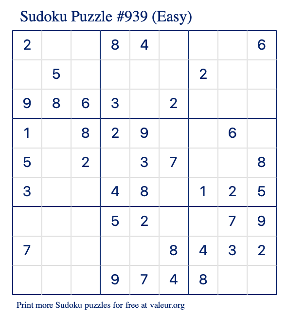 Free Printable Easy Sudoku Puzzle number 939