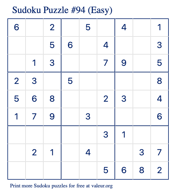 Free Printable Easy Sudoku Puzzle number 94