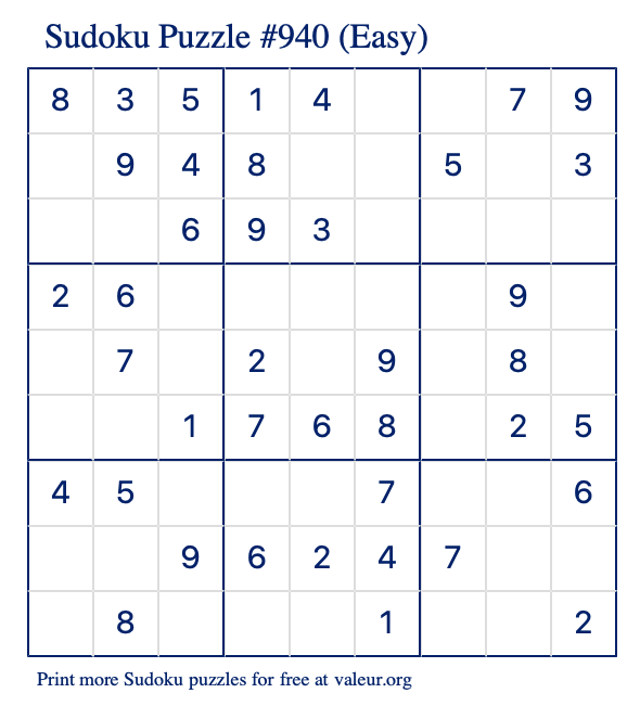 Free Printable Easy Sudoku Puzzle number 940