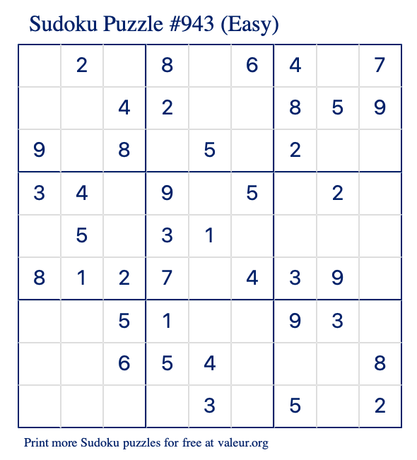 Free Printable Easy Sudoku Puzzle number 943