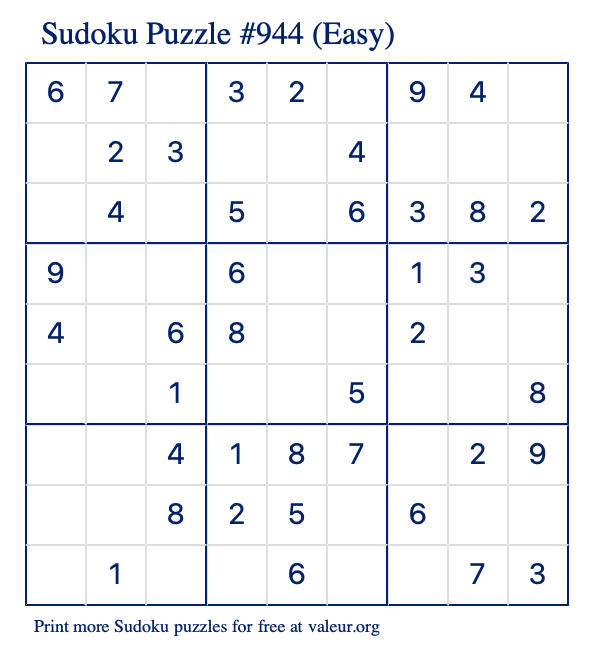 Free Printable Easy Sudoku Puzzle number 944