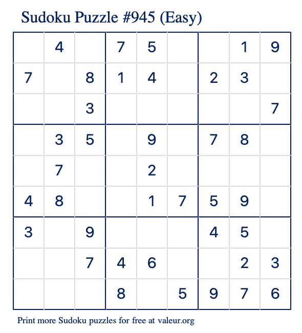 Free Printable Easy Sudoku Puzzle number 945
