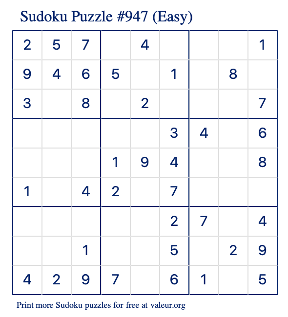 free printable easy sudoku with the answer 947