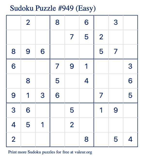 Free Printable Easy Sudoku Puzzle number 949