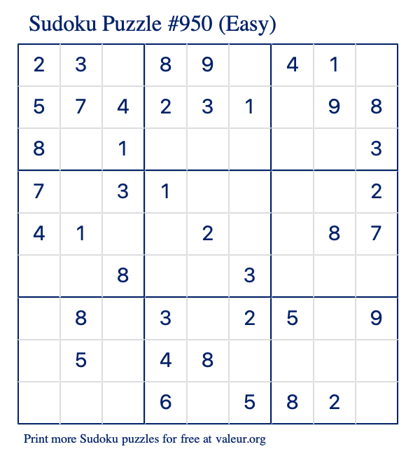 Free Printable Easy Sudoku Puzzle number 950