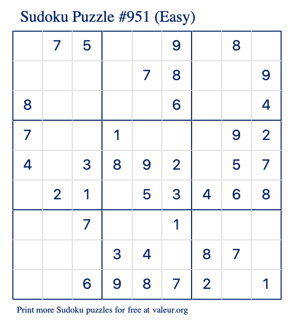 Free Printable Easy Sudoku Puzzle number 951