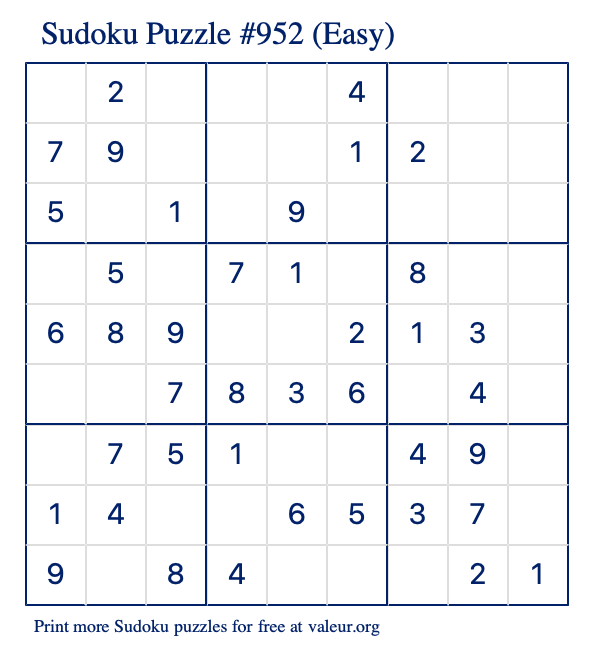 Free Printable Easy Sudoku Puzzle number 952