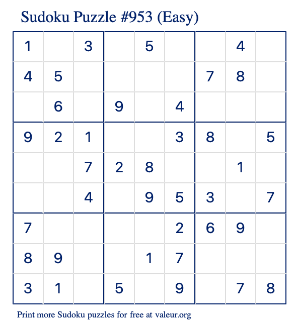 Free Printable Easy Sudoku Puzzle number 953