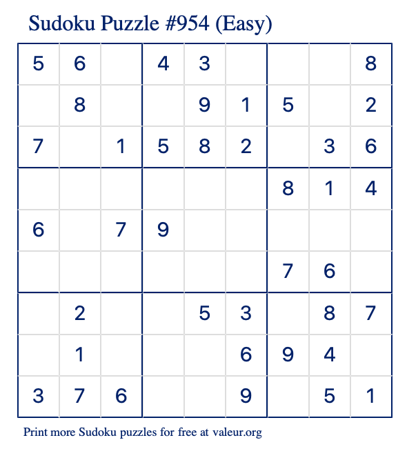 Free Printable Easy Sudoku Puzzle number 954