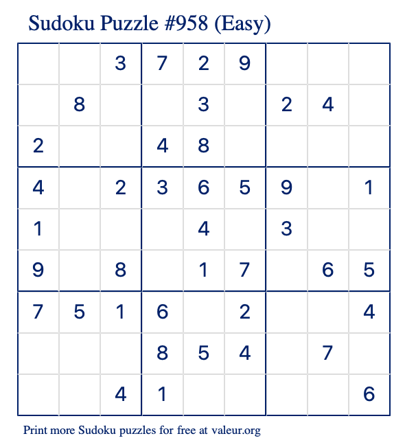 Free Printable Easy Sudoku Puzzle number 958