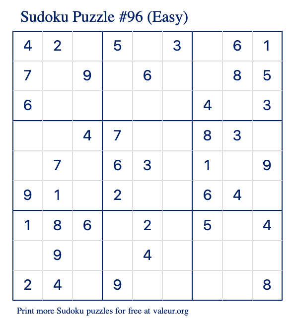 Free Printable Easy Sudoku Puzzle number 96