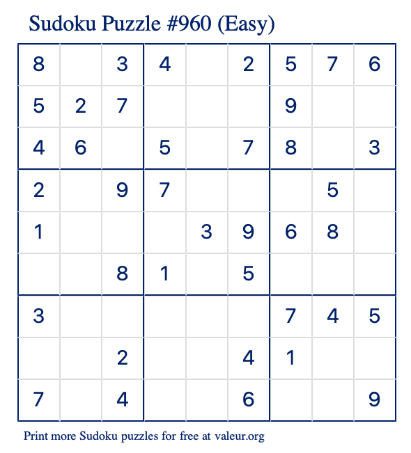 Free Printable Easy Sudoku Puzzle number 960