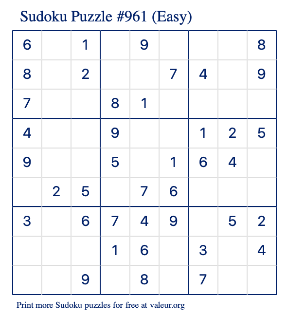 Free Printable Easy Sudoku Puzzle number 961