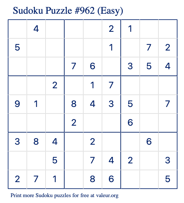 Free Printable Easy Sudoku Puzzle number 962