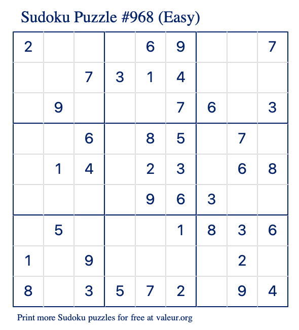 Free Printable Easy Sudoku Puzzle number 968