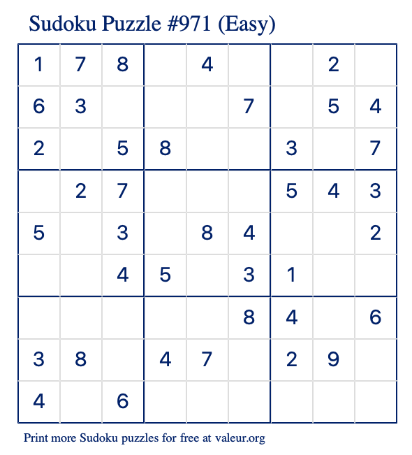 Free Printable Easy Sudoku Puzzle number 971