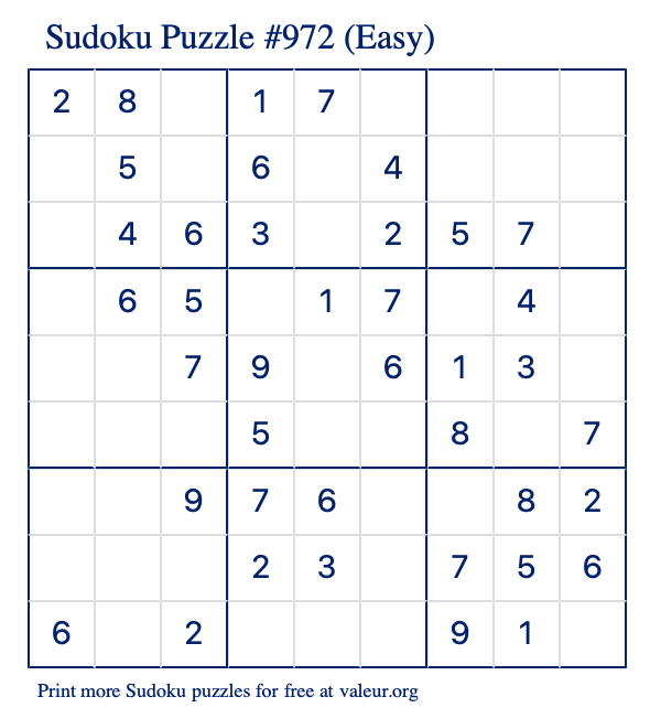 Free Printable Easy Sudoku Puzzle number 972