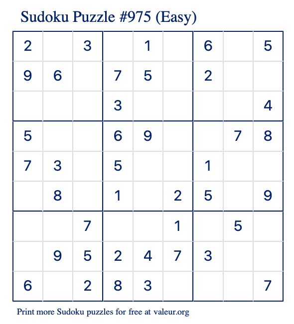 Free Printable Easy Sudoku Puzzle number 975