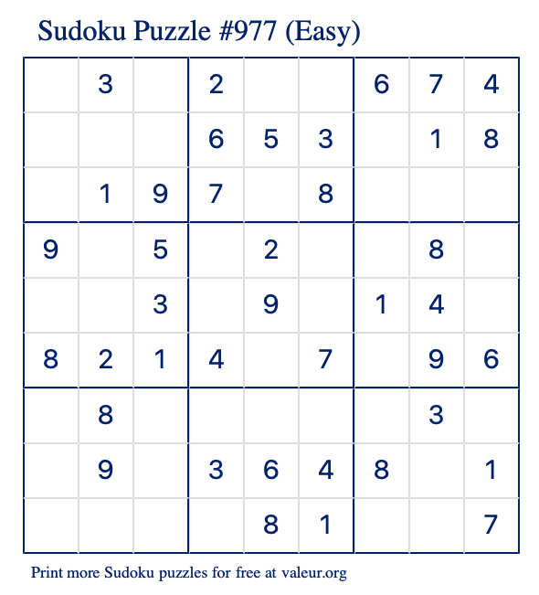 Free Printable Easy Sudoku Puzzle number 977