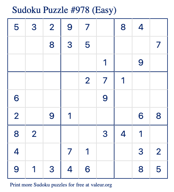 Free Printable Easy Sudoku Puzzle number 978