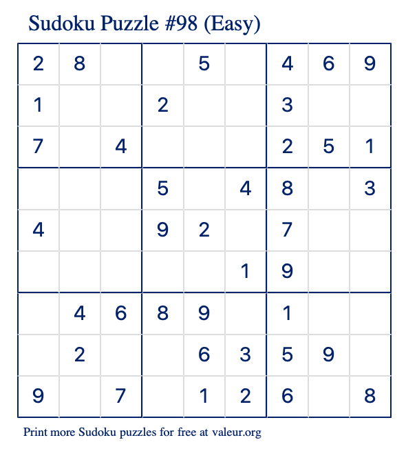 Free Printable Easy Sudoku Puzzle number 98