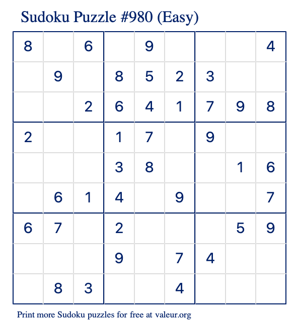 Free Printable Easy Sudoku Puzzle number 980