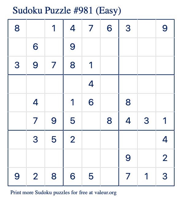 Free Printable Easy Sudoku Puzzle number 981