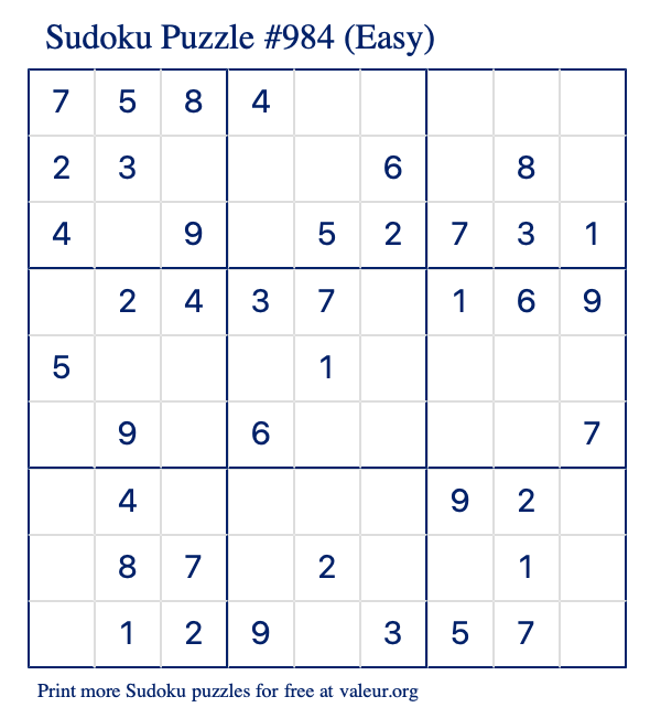 Free Printable Easy Sudoku Puzzle number 984