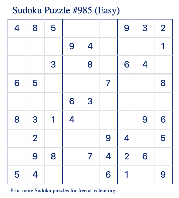 Free Printable Easy Sudoku Puzzle number 985