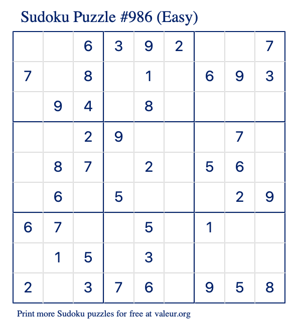 Free Printable Easy Sudoku Puzzle number 986