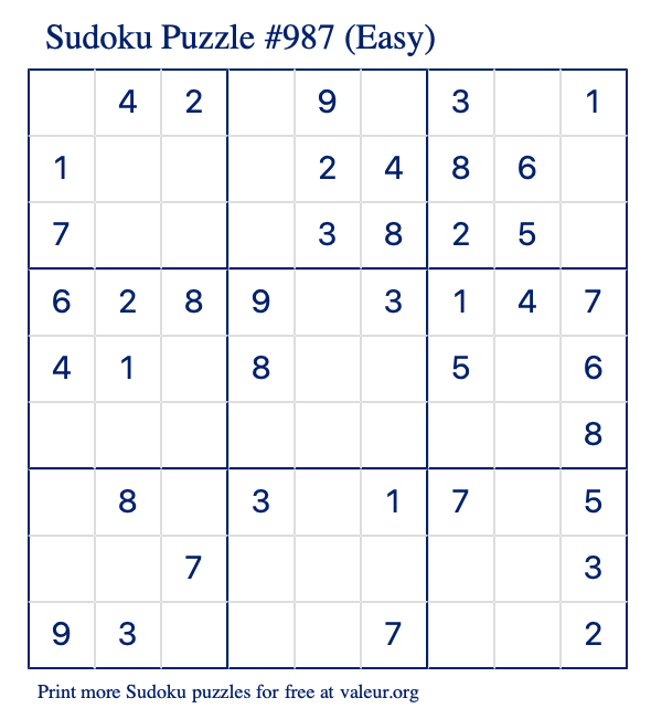 Free Printable Easy Sudoku Puzzle number 987