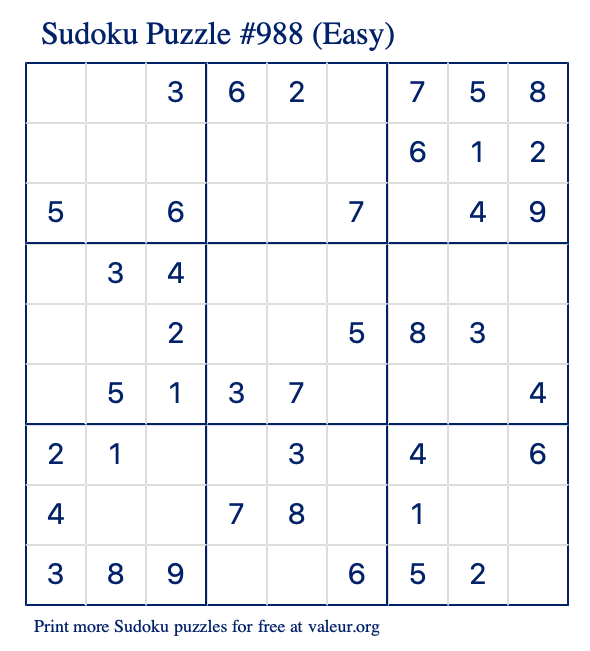 Free Printable Easy Sudoku Puzzle number 988