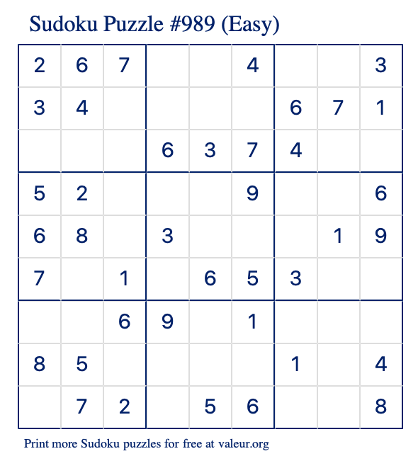 Free Printable Easy Sudoku Puzzle number 989