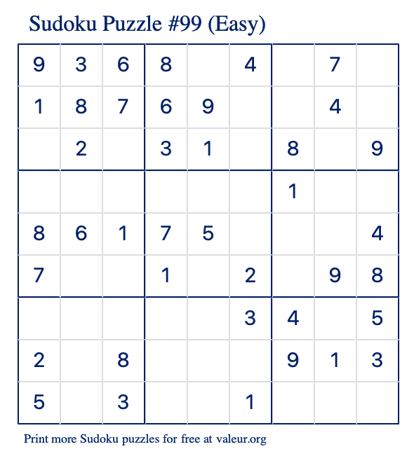 Jogo Sudoku Fácil Para Imprimir. Jogo Nº 99.