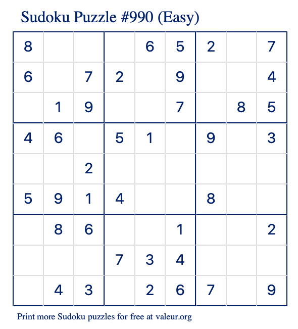 Free Printable Easy Sudoku Puzzle number 990