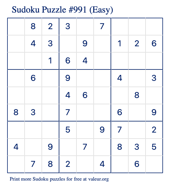 Free Printable Easy Sudoku Puzzle number 991