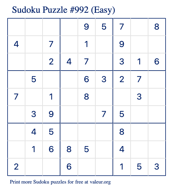 Free Printable Easy Sudoku Puzzle number 992