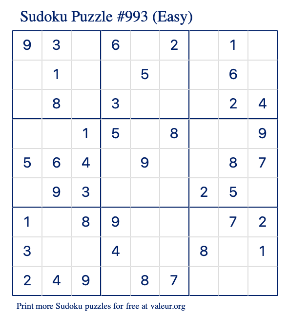 Free Printable Easy Sudoku Puzzle number 993