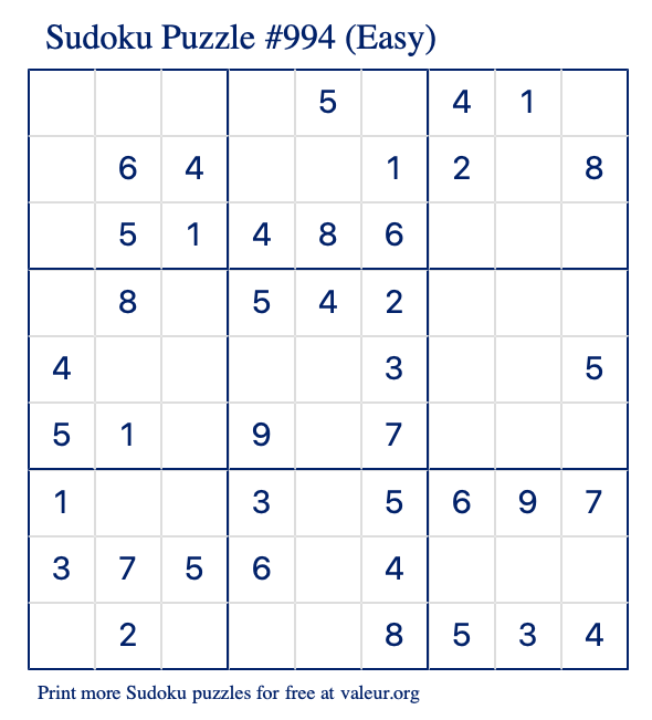 Free Printable Easy Sudoku Puzzle number 994