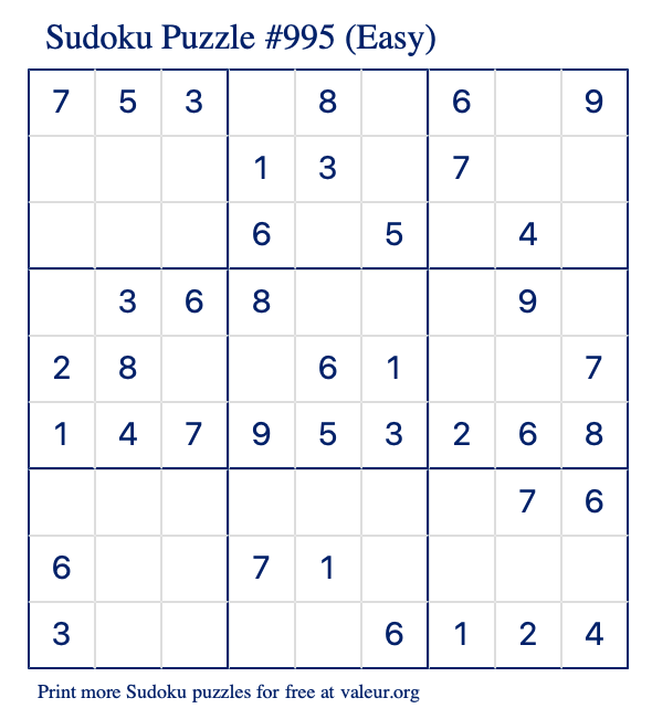 Free Printable Easy Sudoku Puzzle number 995