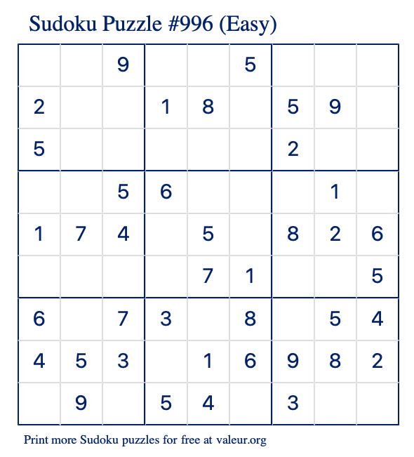 Free Printable Easy Sudoku Puzzle number 996