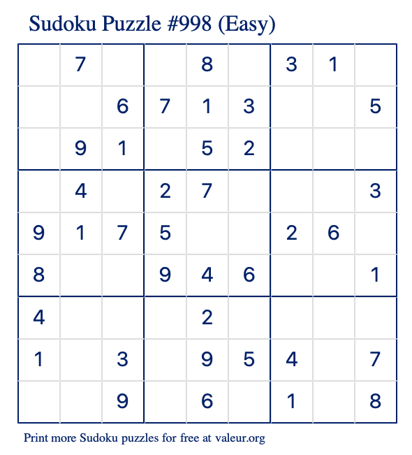 Free Printable Easy Sudoku Puzzle number 998