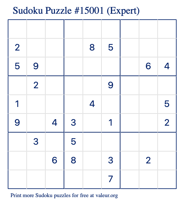 Free Printable Expert Sudoku Puzzle number 15001