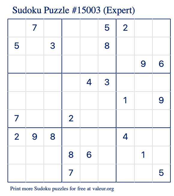 Free Printable Expert Sudoku Puzzle number 15003
