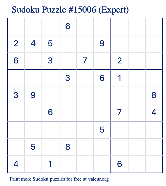 Free Printable Expert Sudoku Puzzle number 15006