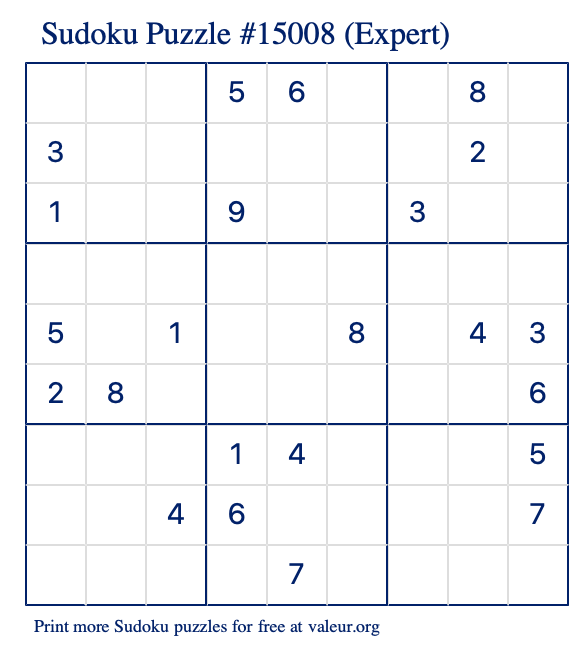 Free Printable Expert Sudoku Puzzle number 15008