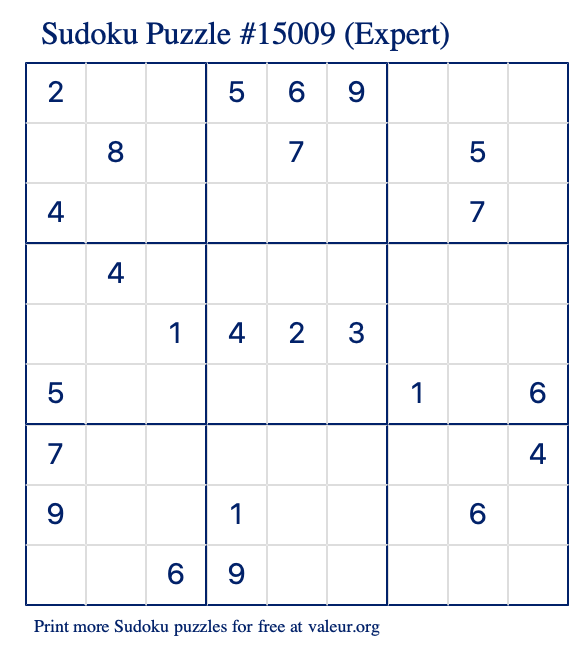 Free Printable Expert Sudoku Puzzle number 15009