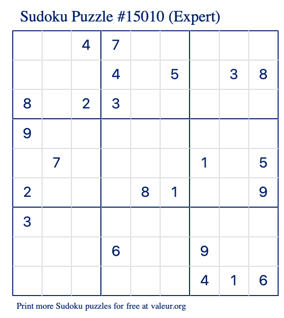 Free Printable Expert Sudoku Puzzle number 15010
