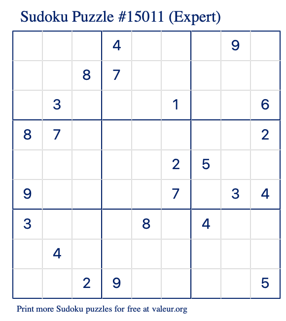 Free Printable Expert Sudoku Puzzle number 15011